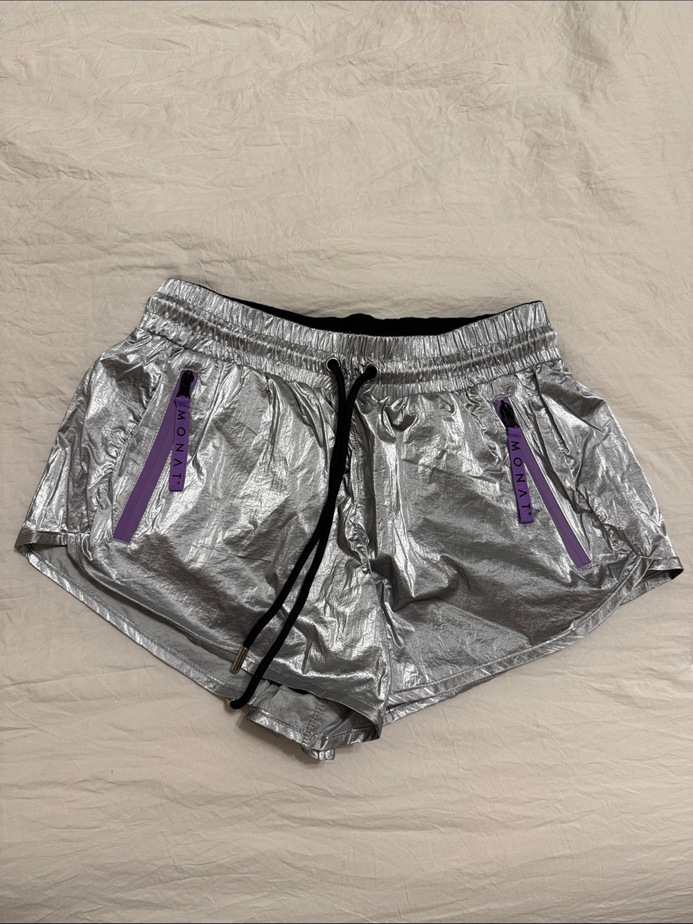 MONAT Special Edition Silver Metallic Running Shorts with Purple Accents